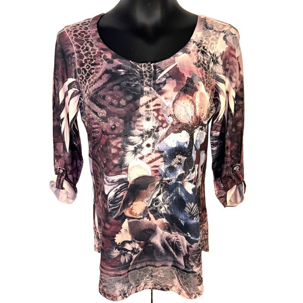 B.L.E.U. Blouse Women's M Burgundy V-Neck Animal Print Beaded Sublimation
